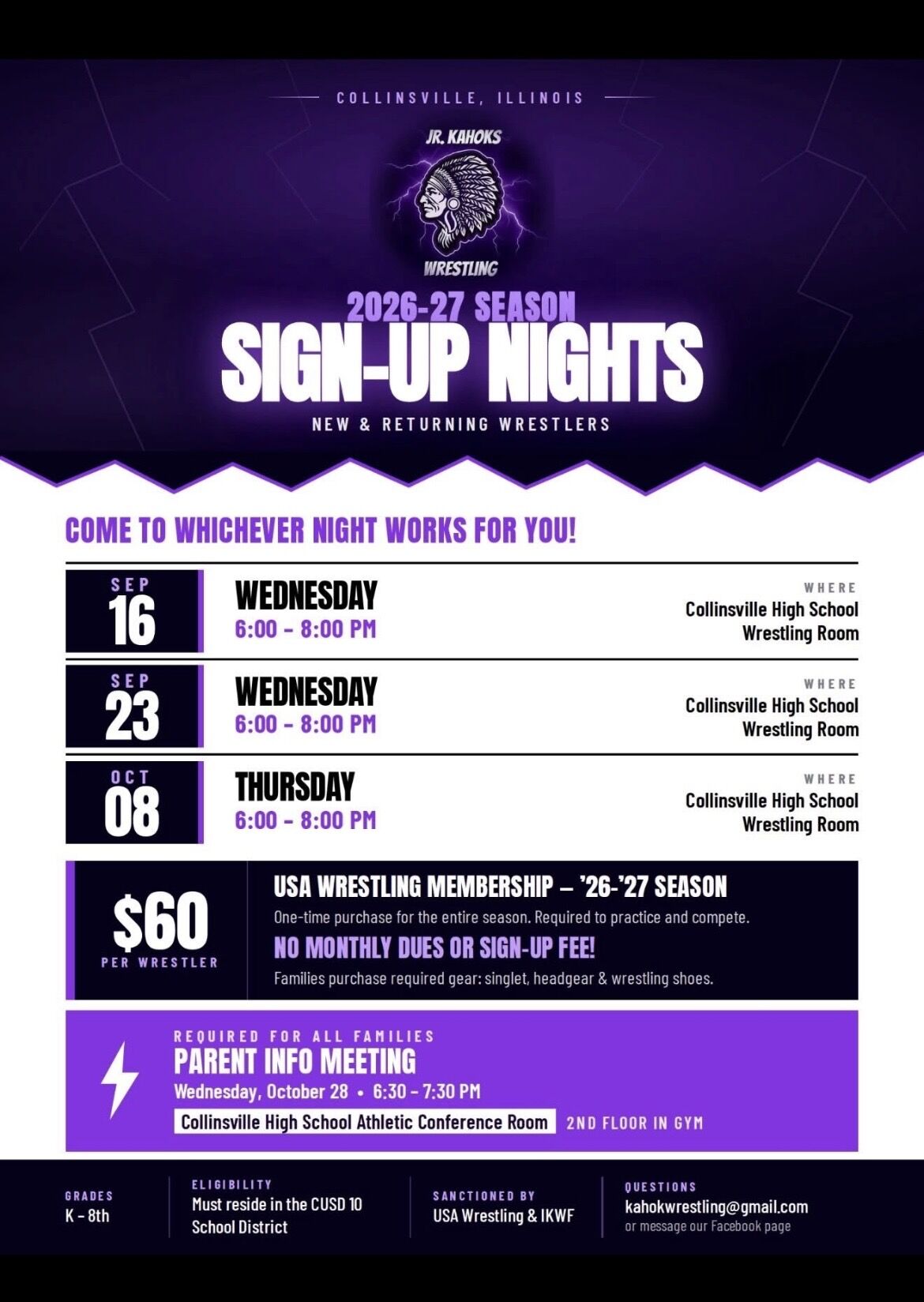 Sign-Up Nights Announced for Jr. Kahoks Wrestling (Grades K-8)