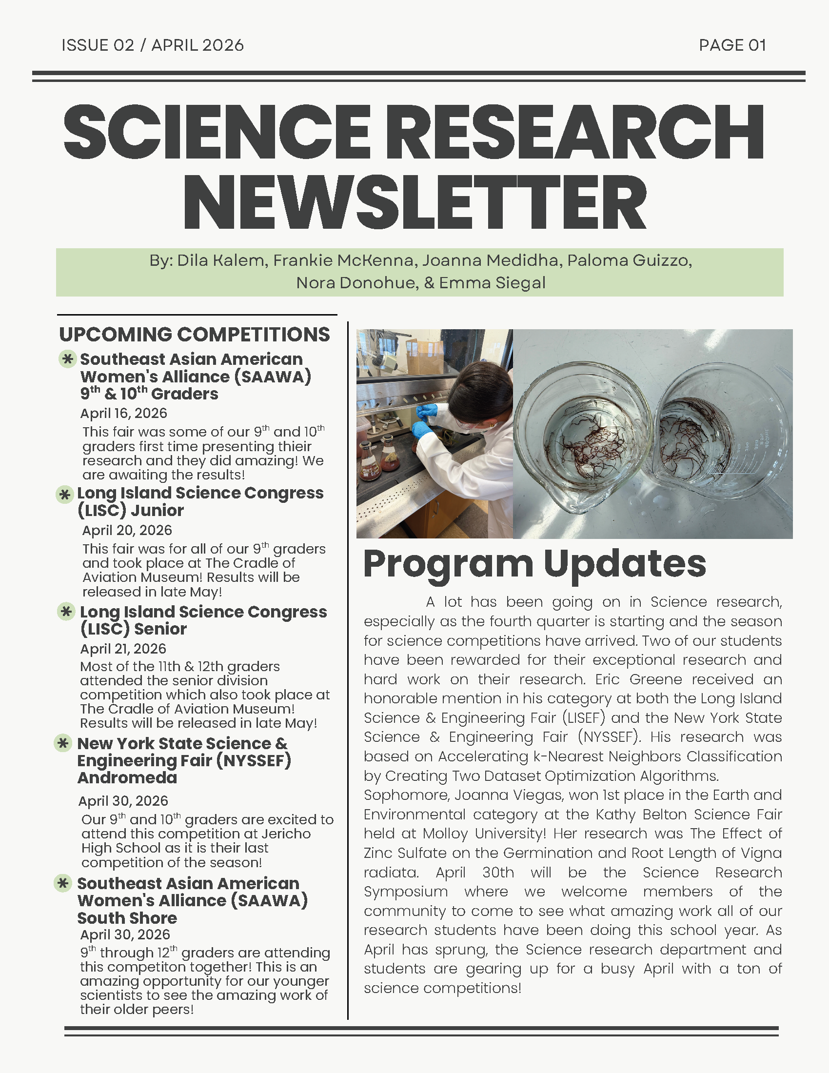 April Edition of the Science Research Newsletter