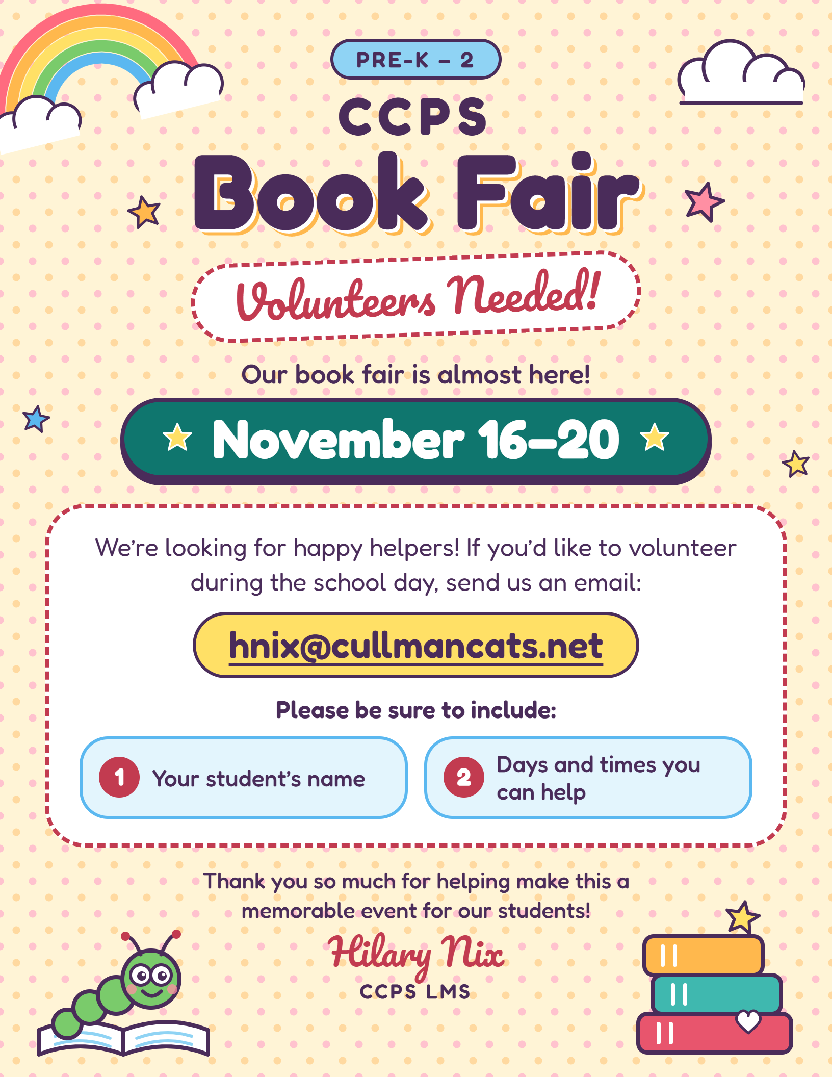 💫🌈📚💫CCPS Book Fair Volunteers Needed💫📚🌈💫