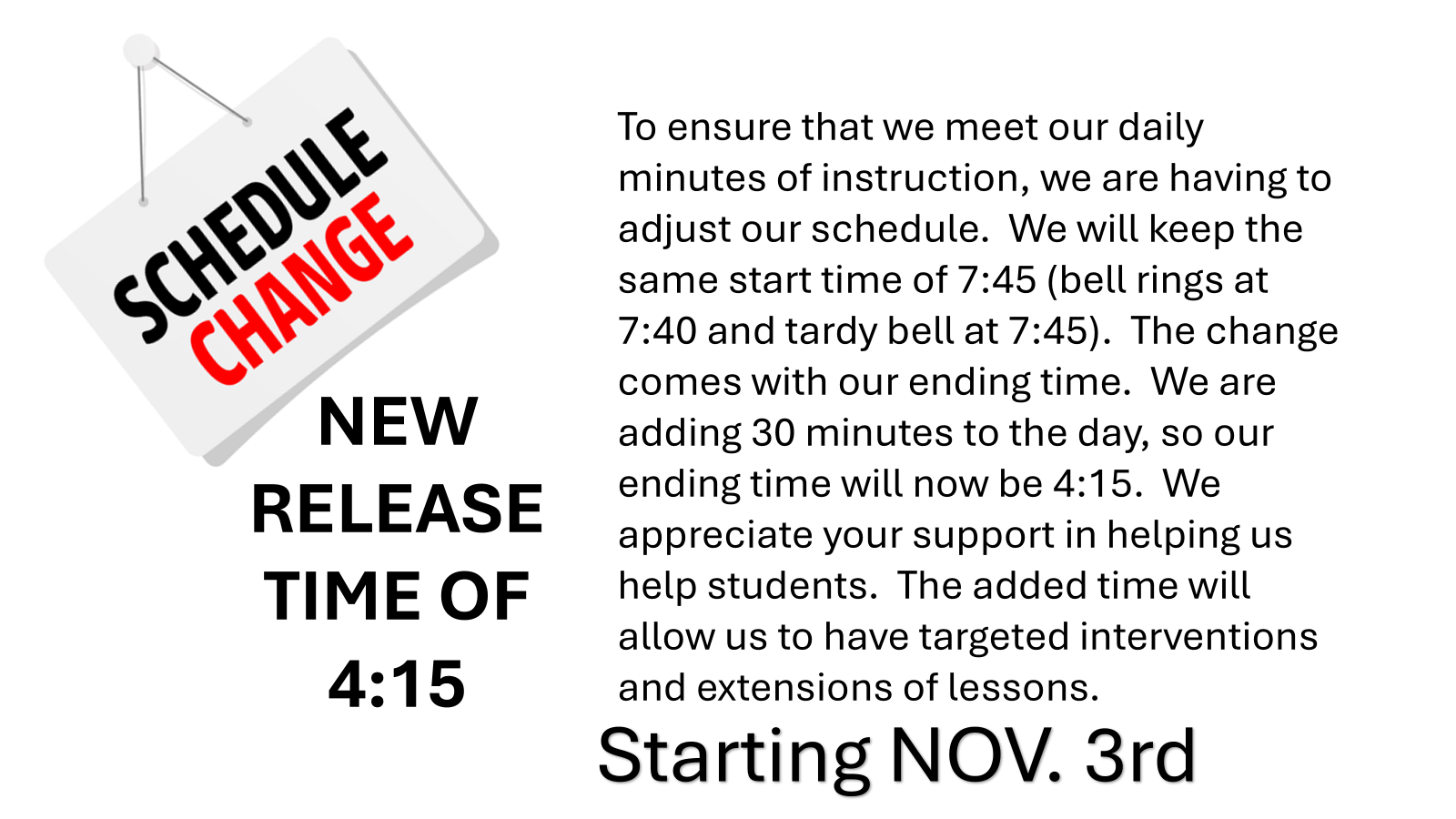 SCHEDULE CHANGE