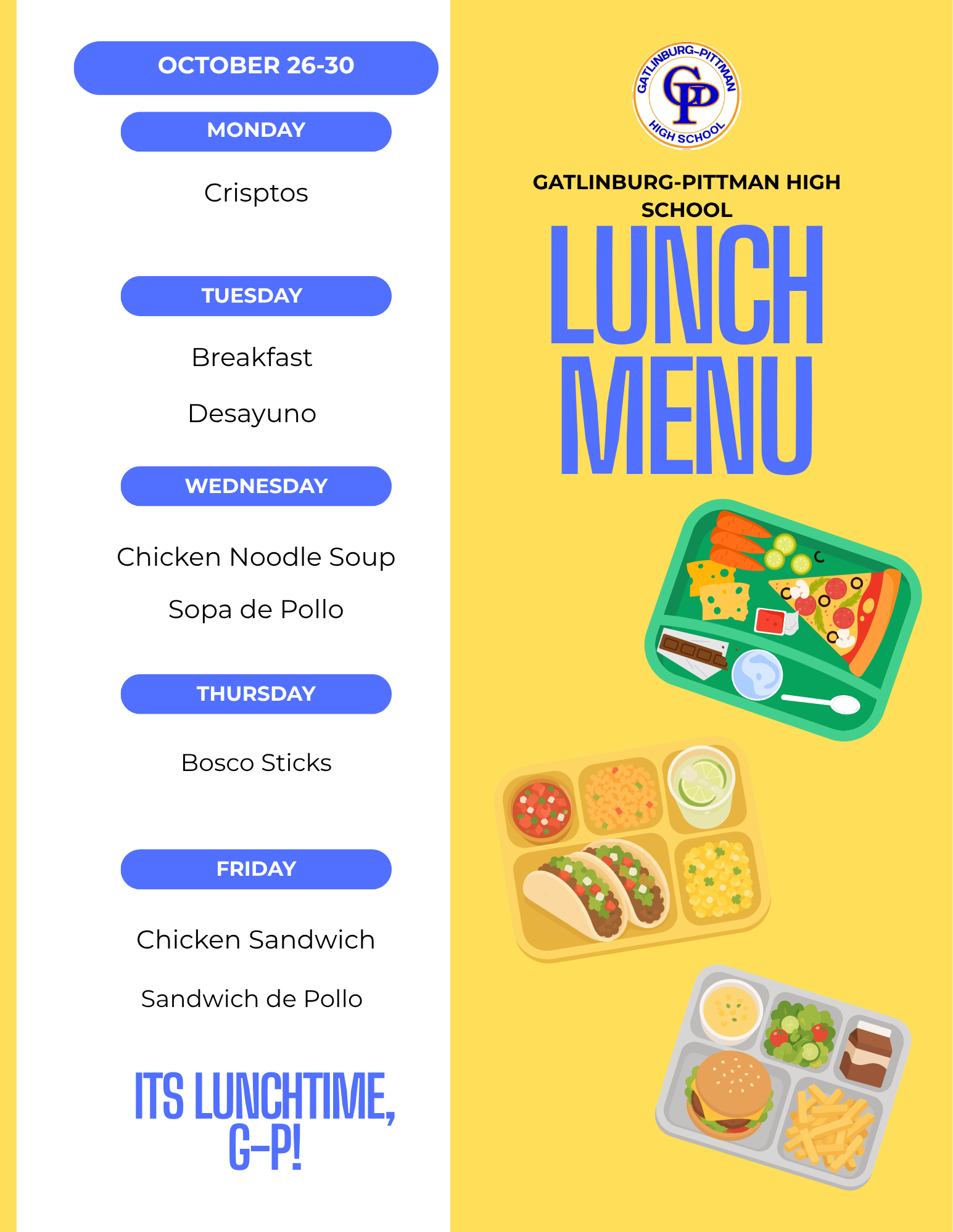 Lunch Menu For October 26--30