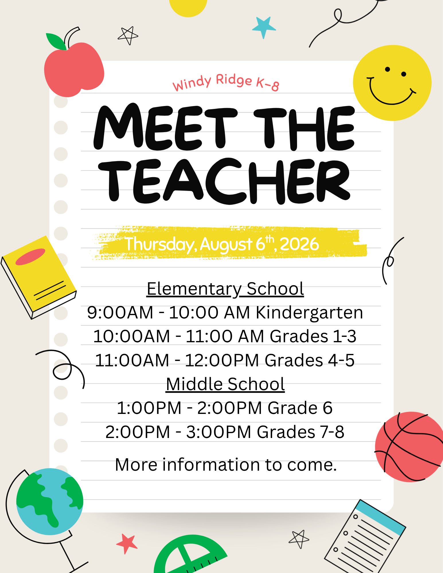 Save The Date (Thursday, August 6th, 2026) for Meet the Teacher! *assigned grade level times included*