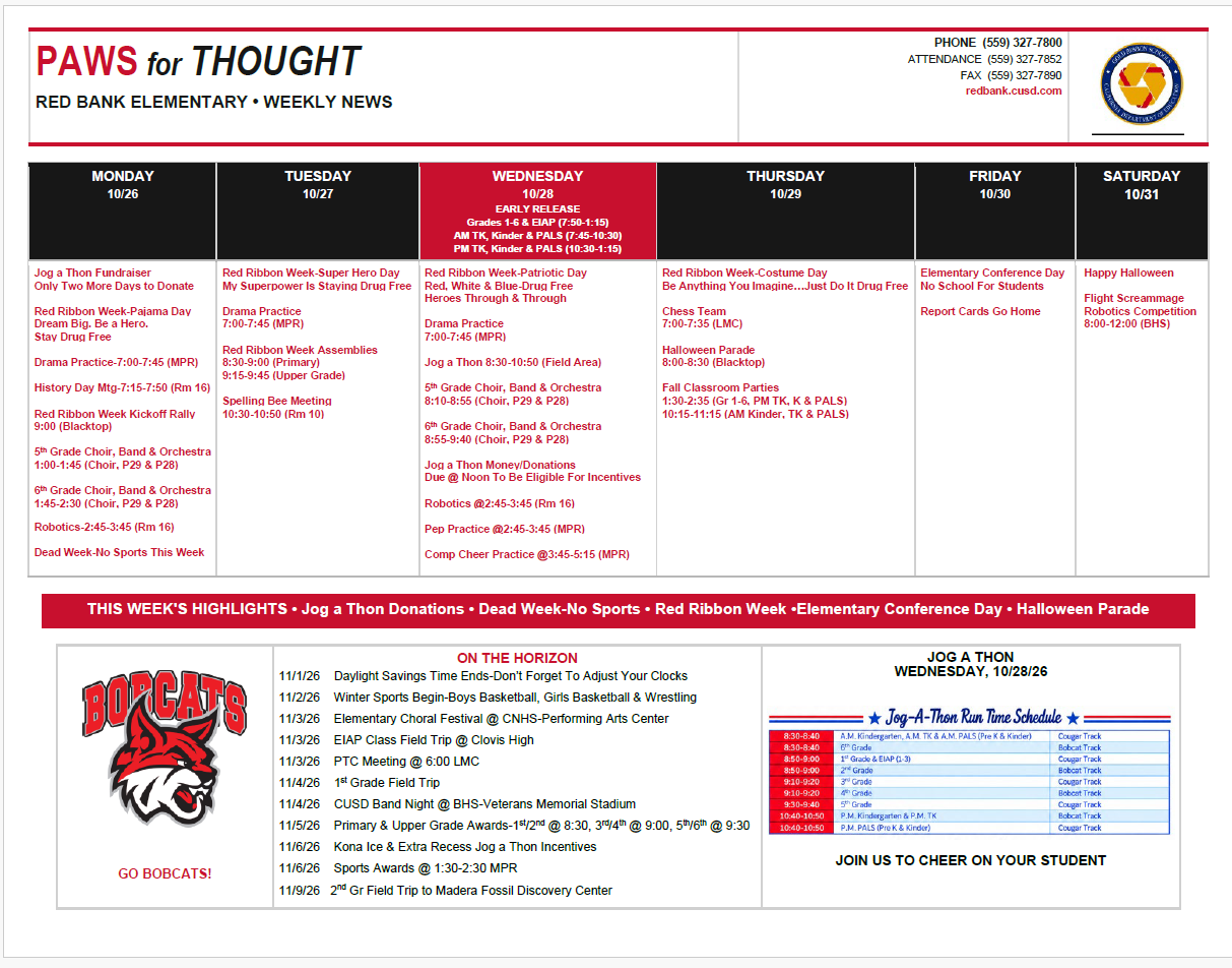 Weekly Calendar October 26-31, 2026