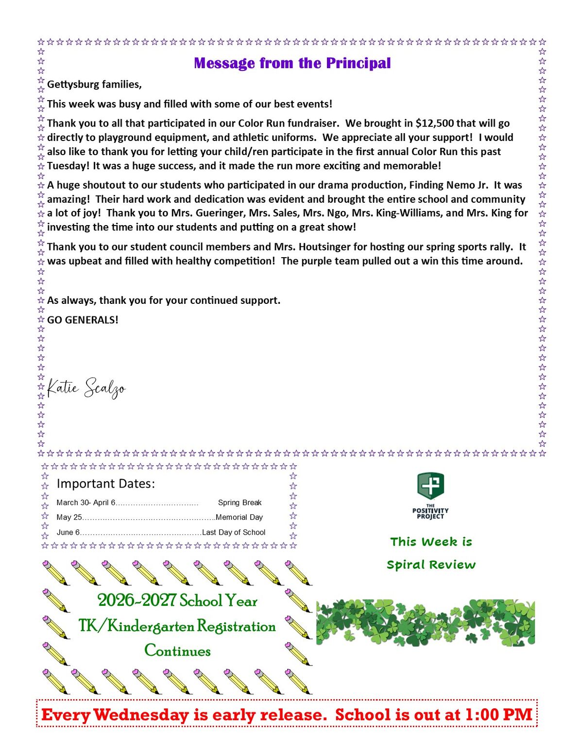 Message from the Principal to Gettysburg families, detailing recent school events like the Color Run fundraiser and drama production.