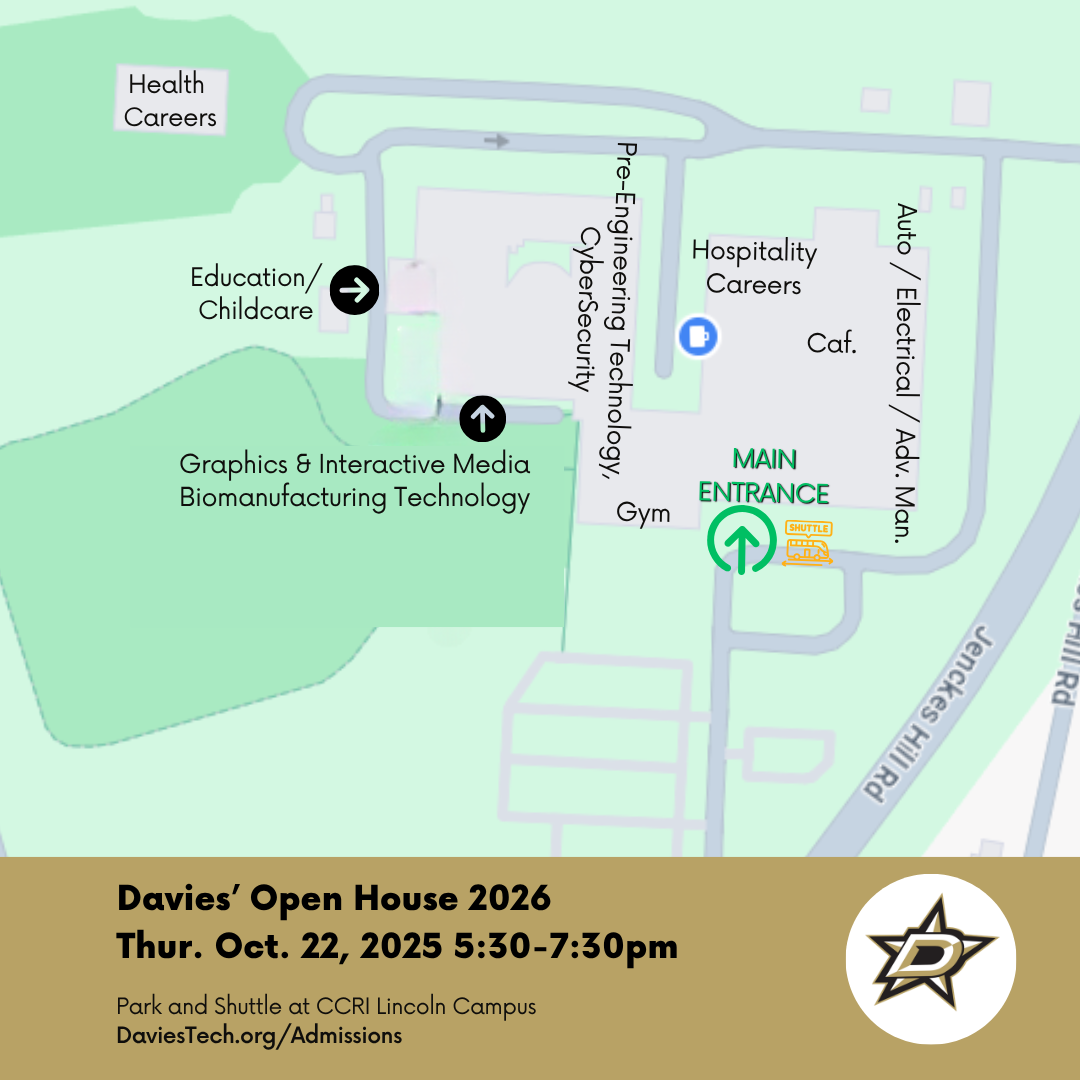 A map of a school campus for Davies' Open House 2026, highlighting various program locations and the main entrance.