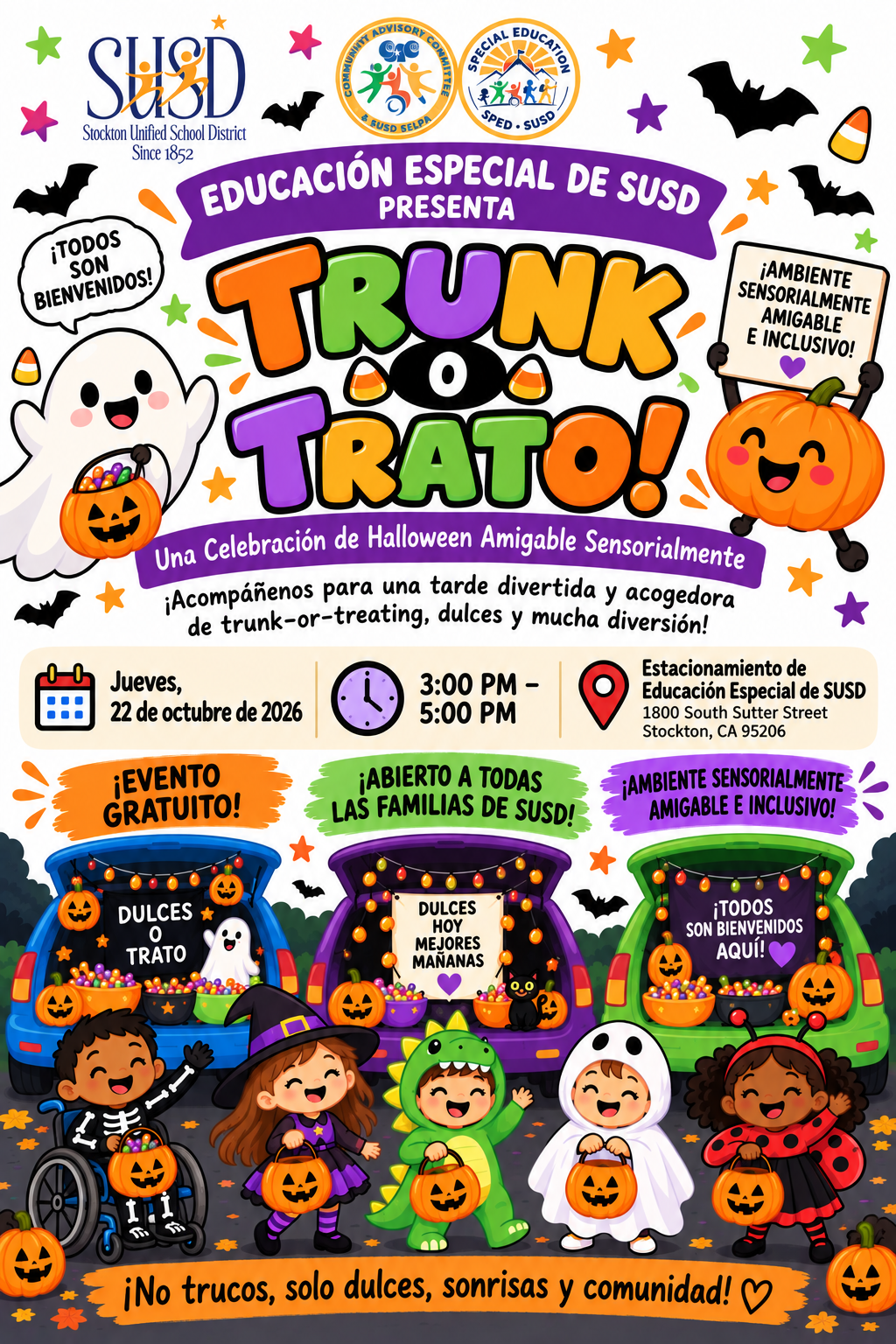A colorful, Spanish-language event flyer for a sensory-friendly 'Trunk or Trato!' celebration by SUSD on October 22, 2026, featuring children in costumes and decorated car trunks.