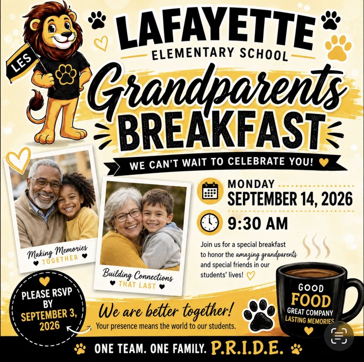 Lafayette Elementary School Grandparents Breakfast invitation with a lion mascot and photos of grandparents with children.