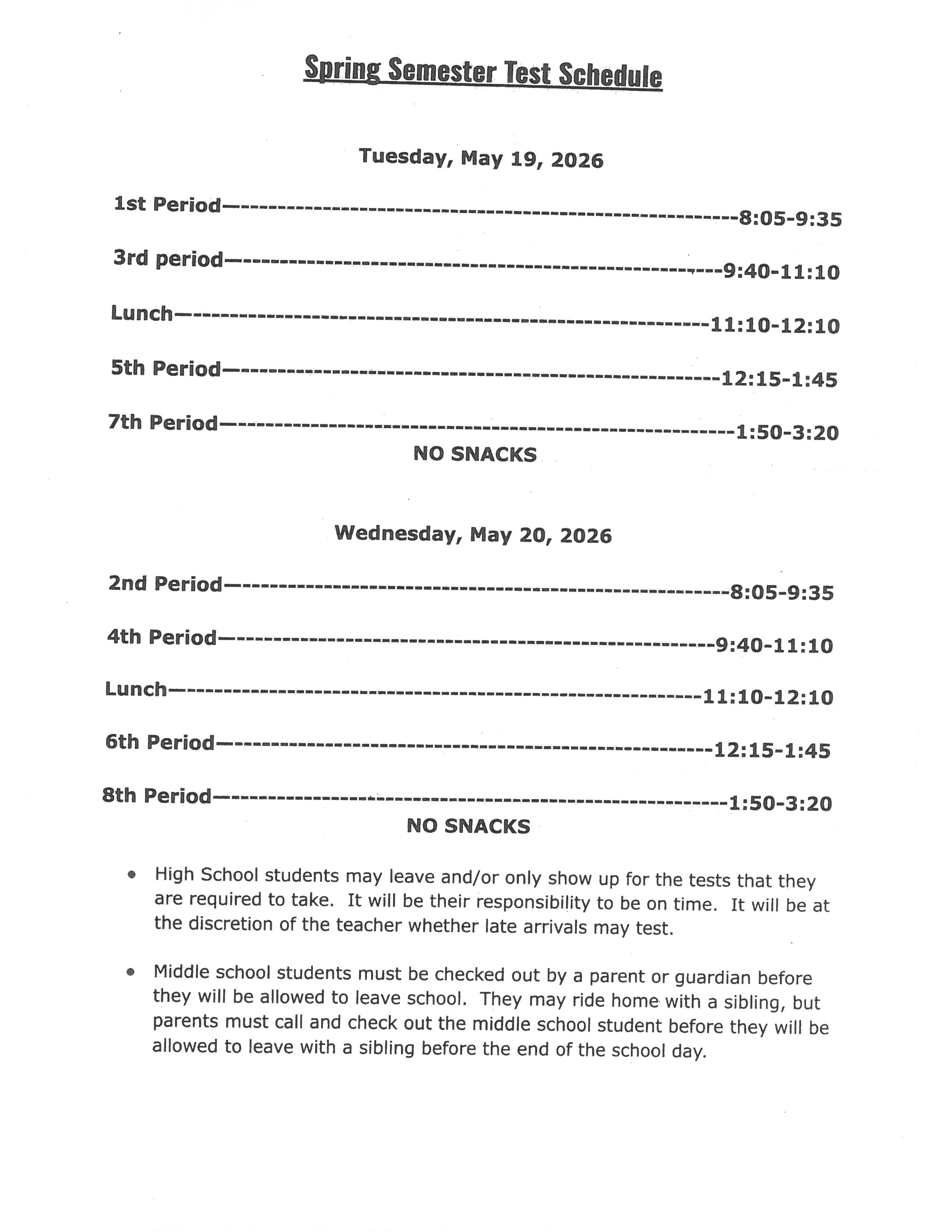 Semester Test Schedule