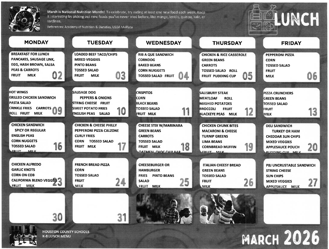 Houston County Schools K-8 Lunch Menu for March 2026, featuring daily meal options.