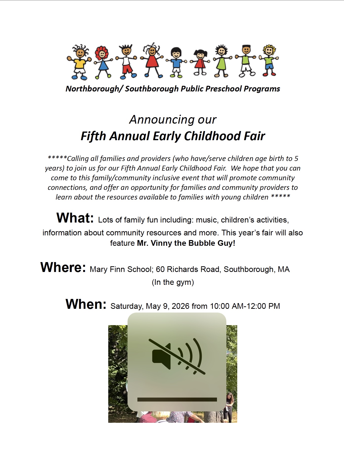 Announcement for the Fifth Annual Early Childhood Fair hosted by Northborough/Southborough Public Preschool Programs.