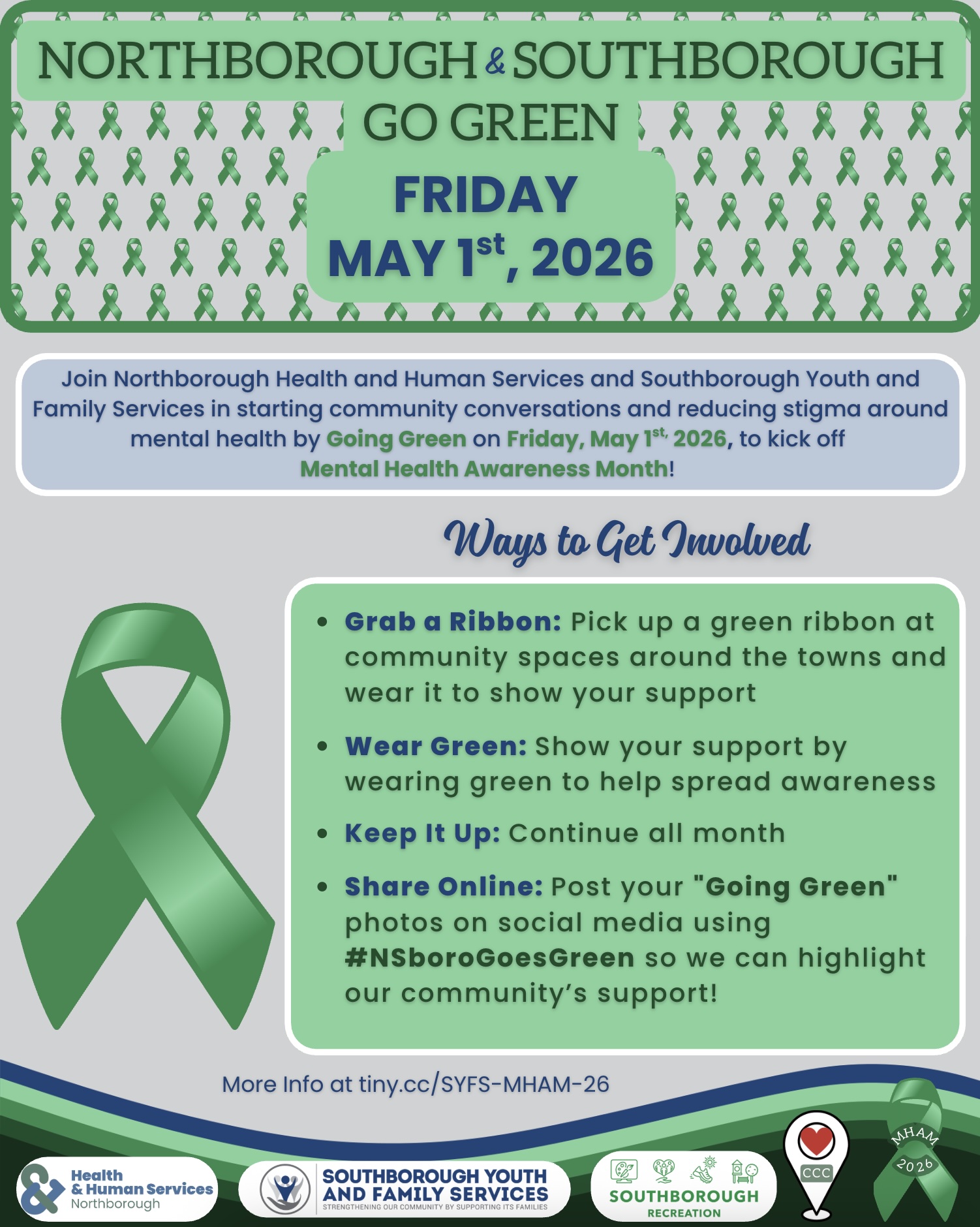 Poster for Northborough & Southborough's 'Go Green' event on Friday, May 1st, 2026, promoting mental health awareness.