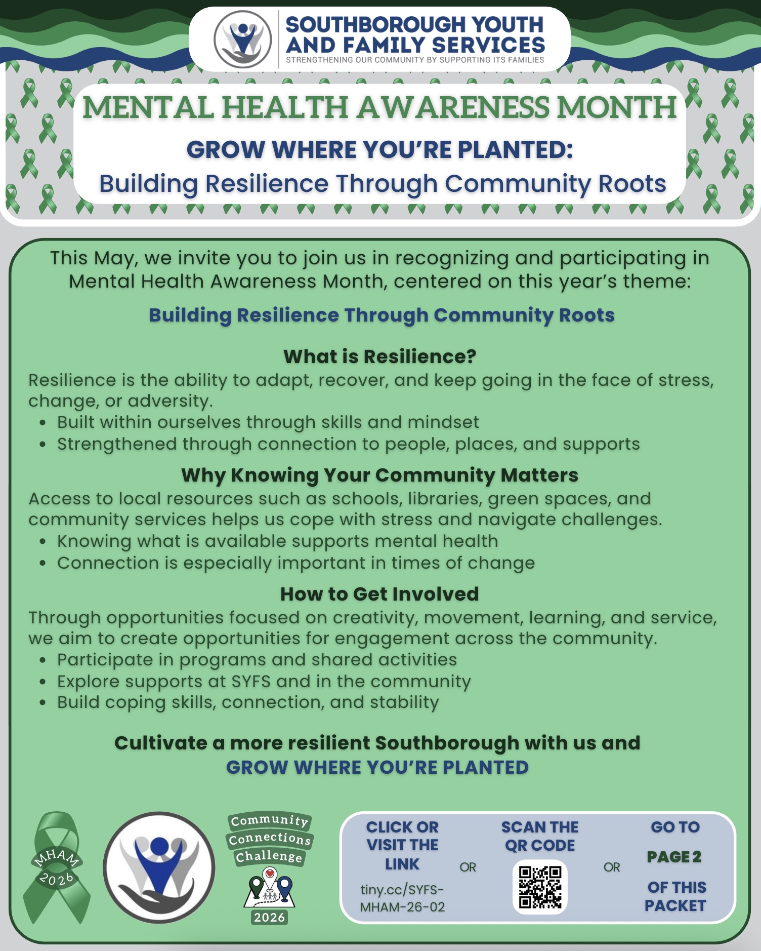 Poster for Mental Health Awareness Month with the theme 'Grow Where You're Planted: Building Resilience Through Community Roots'.