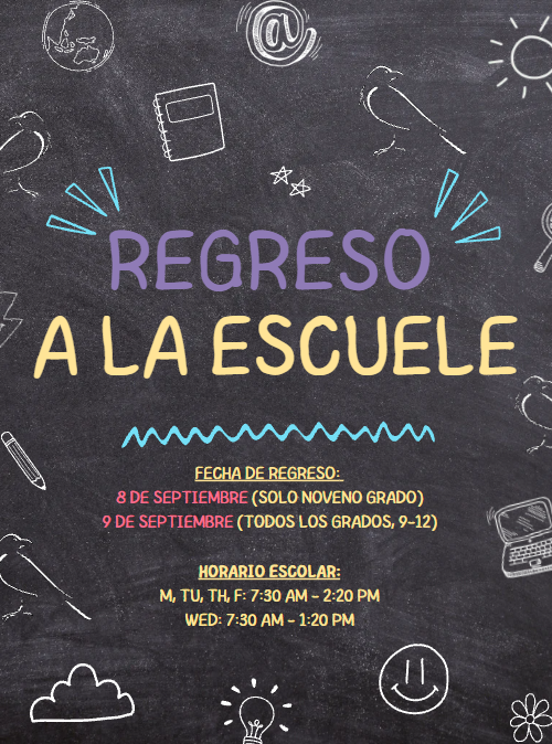 A chalkboard-style graphic announces "Regreso a la Escuela" (Back to School) with school-related doodles.