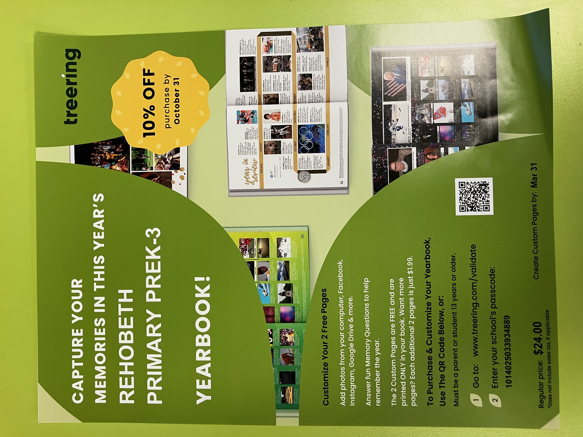 A green flyer advertises the Rehobeth Primary PreK-3 Yearbook from Treering, offering 10% off by October 31.