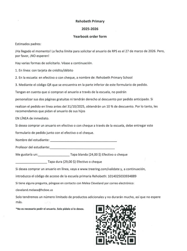 Rehobeth Primary School yearbook order form for 2025-2026 with ordering instructions.