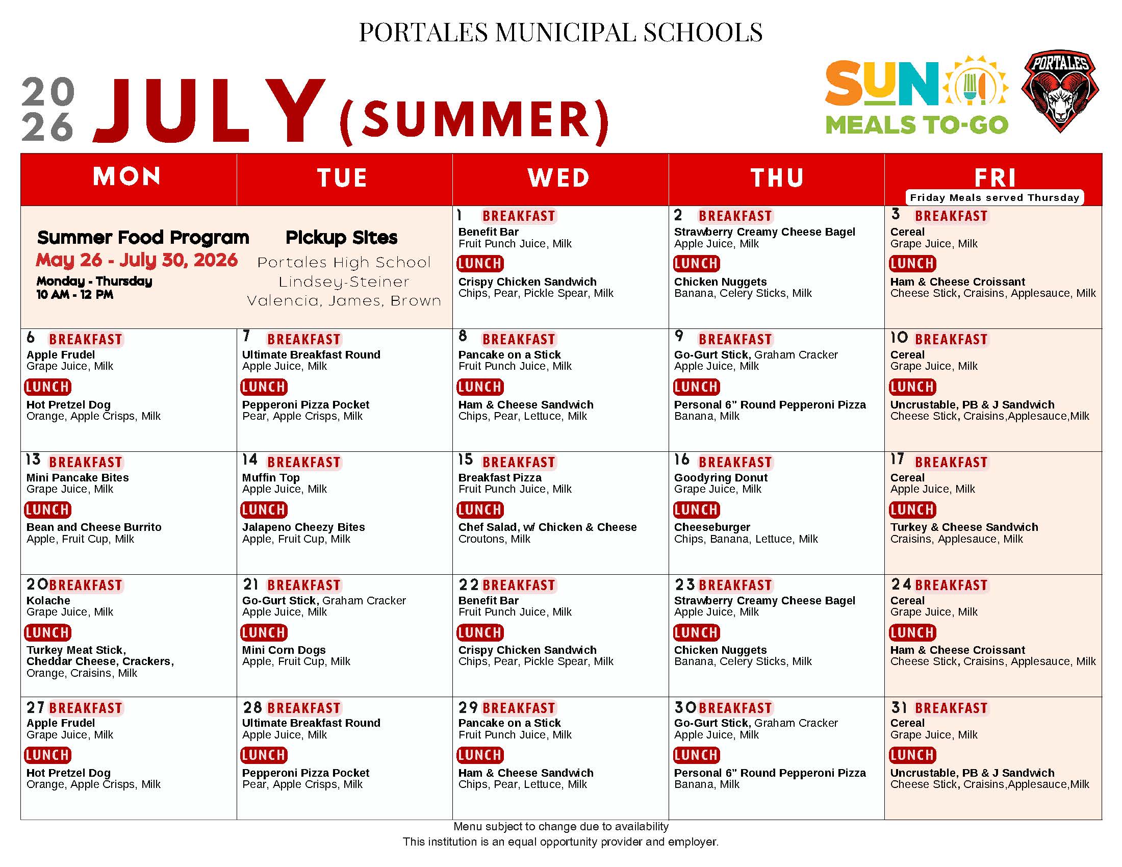 PMSD Summer Food Program - July Menu