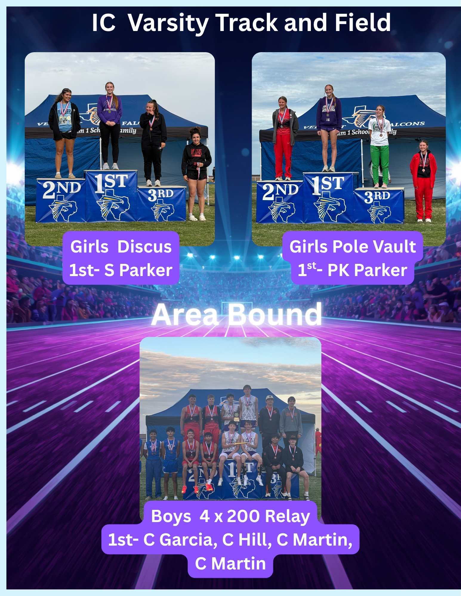 IC Varsity Track and Field event highlights: Girls Discus 1st place S Parker, Girls Pole Vault 1st place PK Parker.