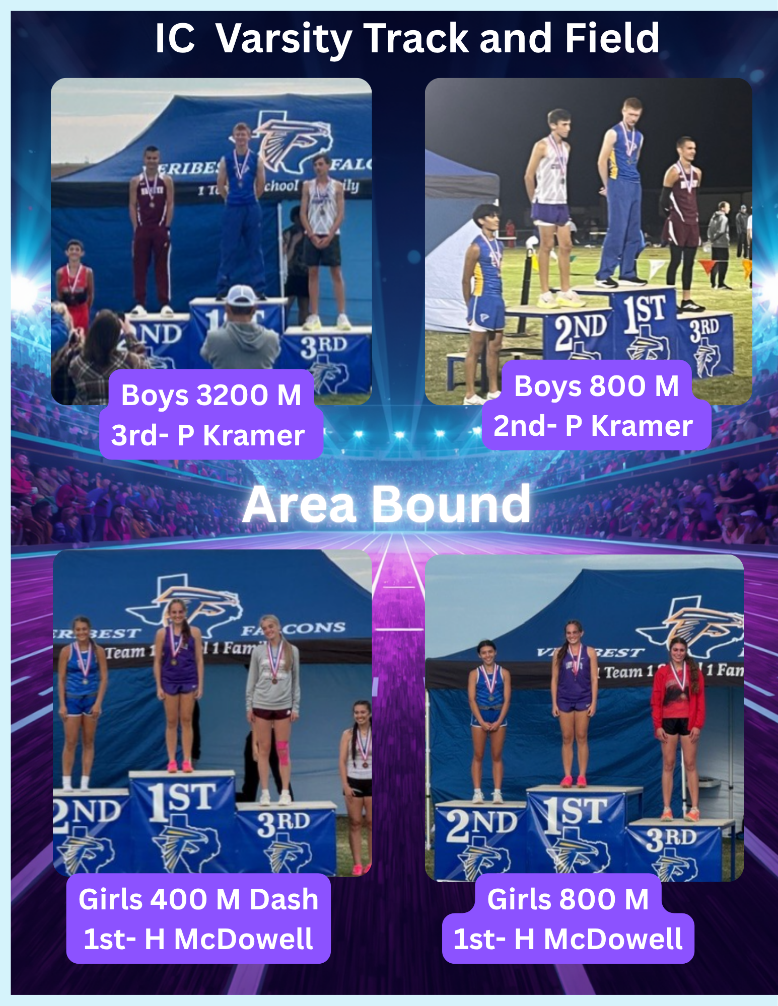 Four medalists stand on podiums for boys' 3200m and 800m races, with text indicating 'Boys 3200 M 3rd- P Kramer' and 'Boys 800 M 2nd- P Kramer'.