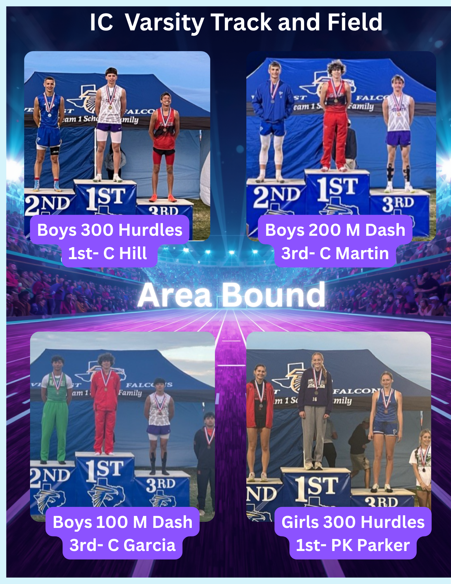 Four separate podiums display student athletes from IC Varsity Track and Field, celebrating achievements in various events.