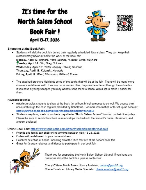 Poster announcing the North Salem School Book Fair from April 13-17, 2026, featuring a cartoon dog character.