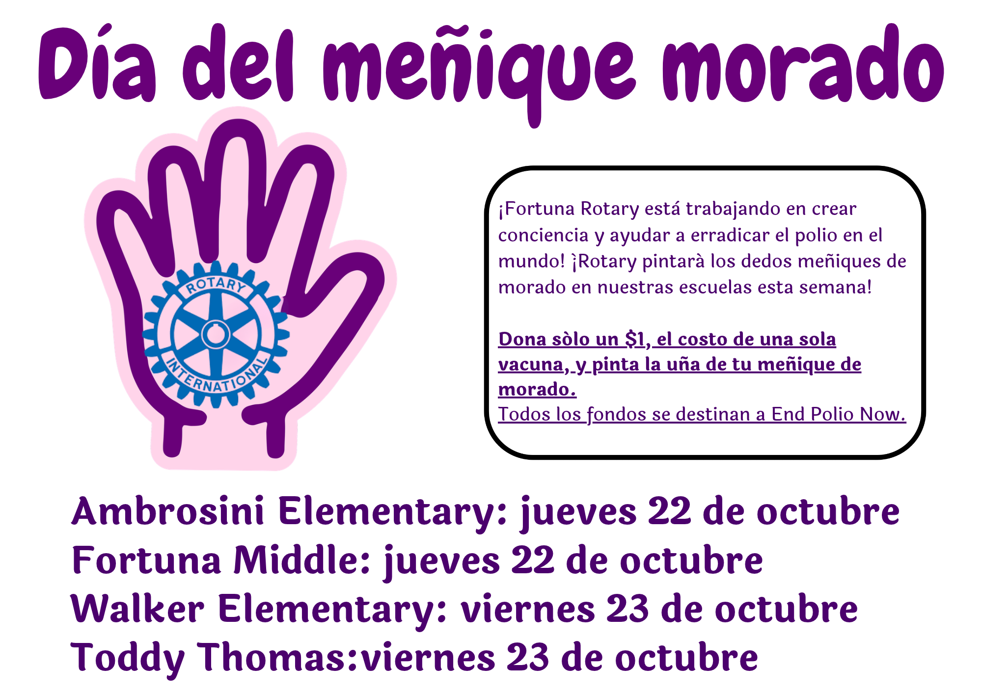 A promotional flyer for 'Día del meñique morado' featuring a purple hand graphic and details about a school fundraiser to eradicate polio.