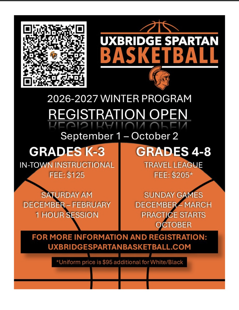 A black and orange flyer announcing registration for the 2026-2027 Uxbridge Spartan Basketball winter program.