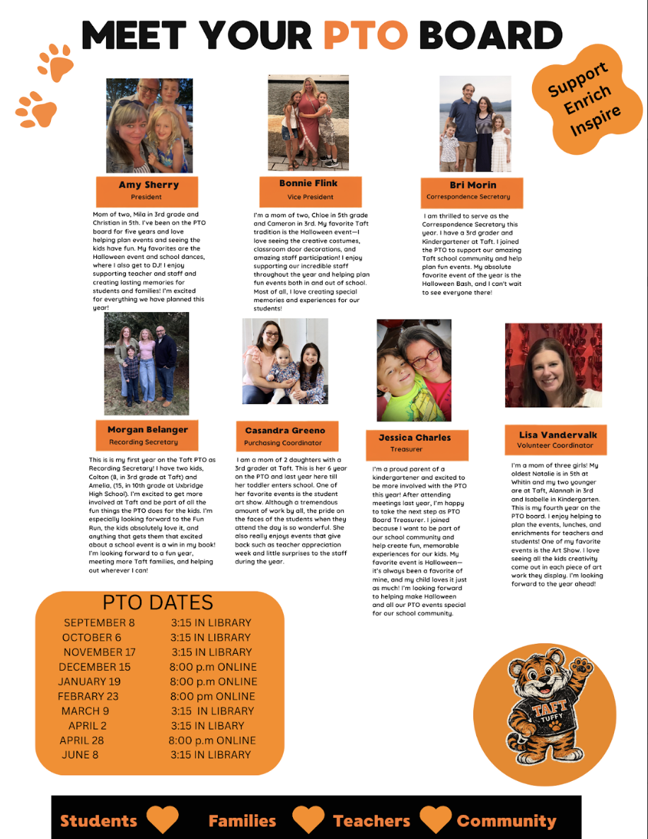 A "Meet Your PTO Board" informational flyer featuring photos and biographies of seven PTO Board Members.