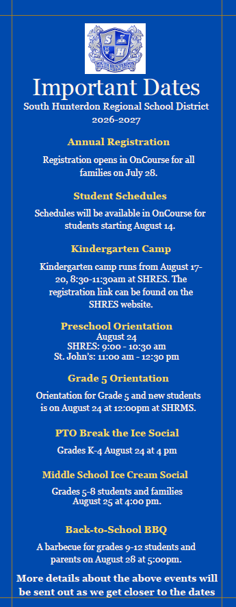 Reminder: Important Dates 2026-2027 School Year