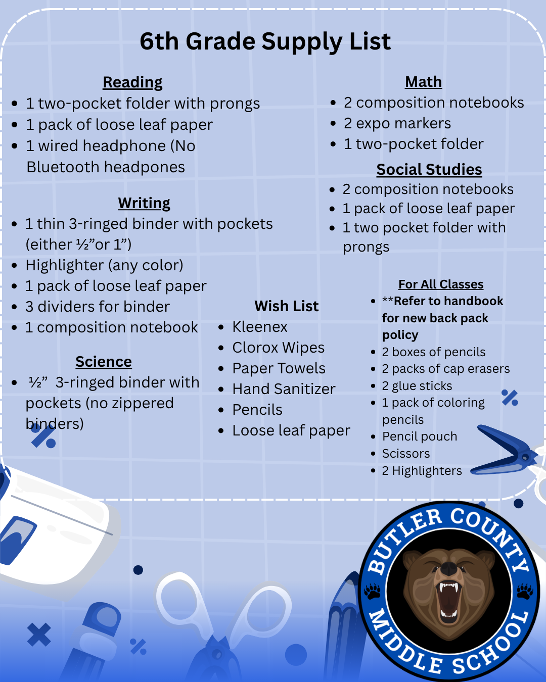 26-27 BCMS 6th Grade Supply List & Backpack Policy