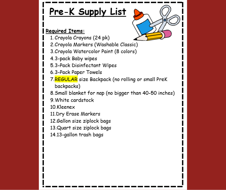 A "Pre-K Supply List" with illustrations of glue, scissors, and a pencil.