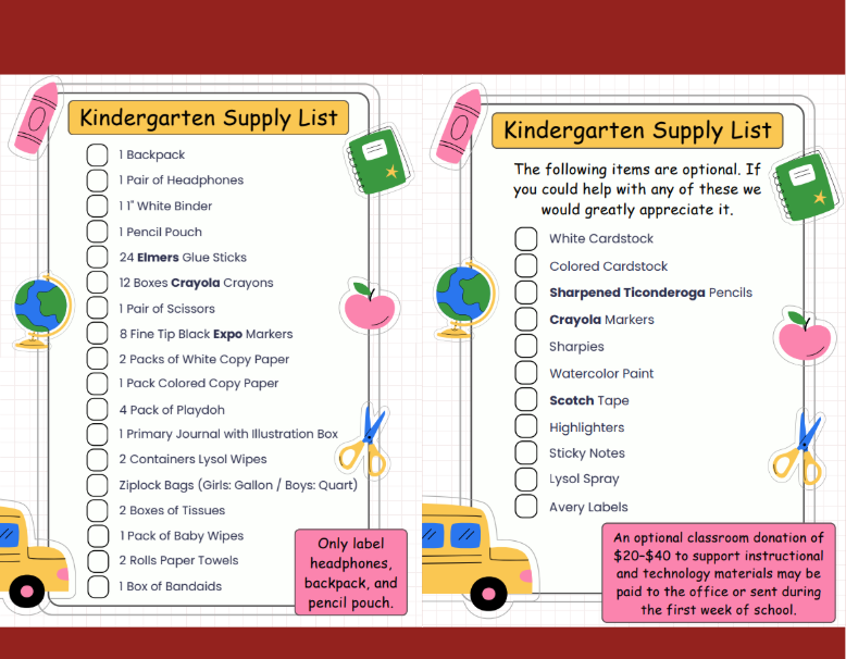 A kindergarten supply list with required and optional items, featuring colorful school-themed illustrations.