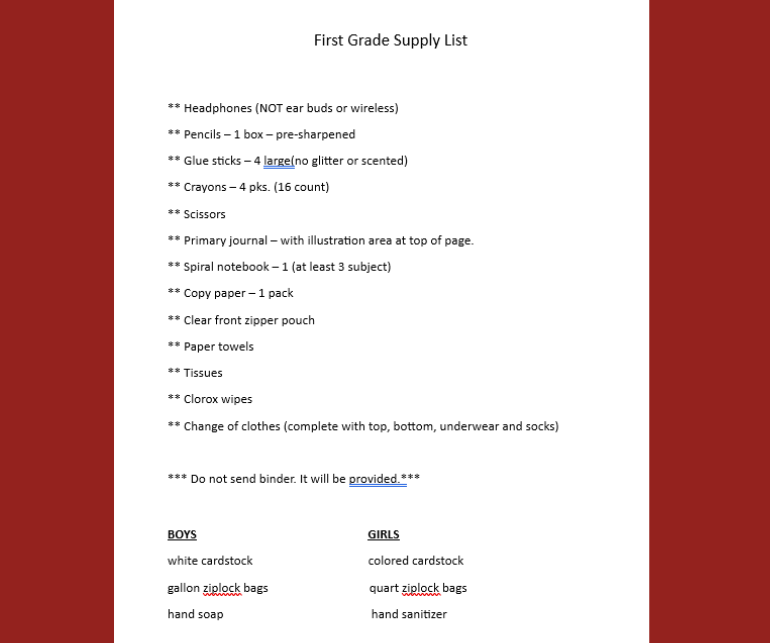 A document titled 'First Grade Supply List' details required school supplies.