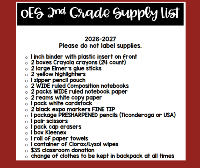 OES 2nd Grade Supply list for 2026-2027, detailing required items.