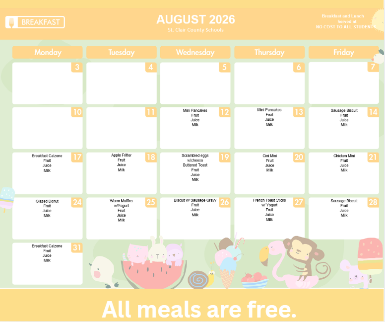 August 2026 school breakfast menu for St. Clair County Schools, featuring daily meal options.