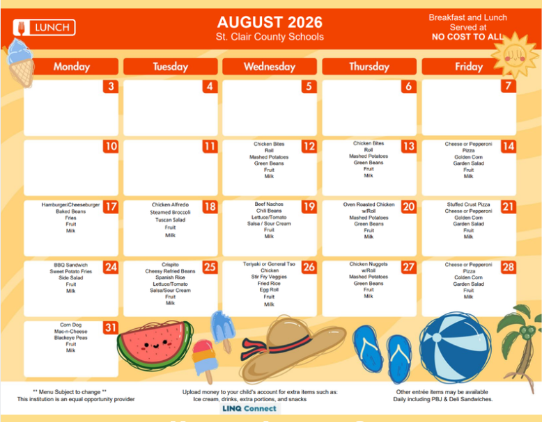 August 2026 school lunch menu for St. Clair County Schools, featuring daily meal options.