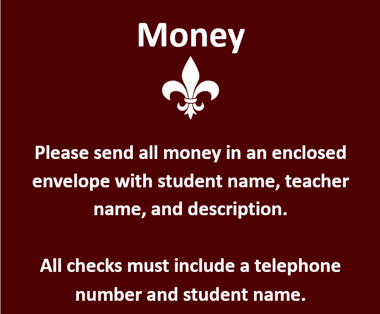 Text on a dark red background reads 'Money' and provides instructions for sending money and checks.