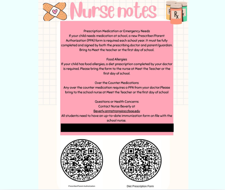 School nurse notes detailing requirements for medication, food allergies, and immunizations.