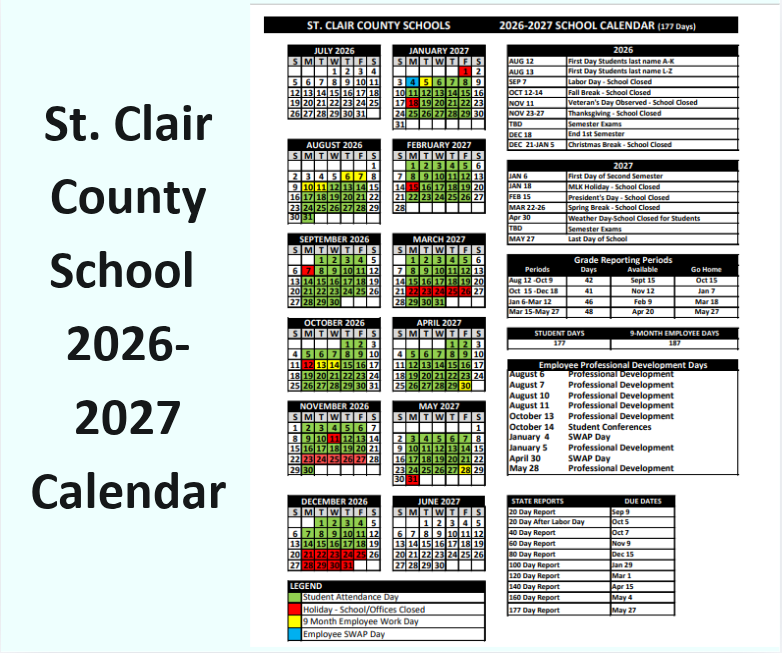 St. Clair County School Calendar for the 2026-2027 academic year.