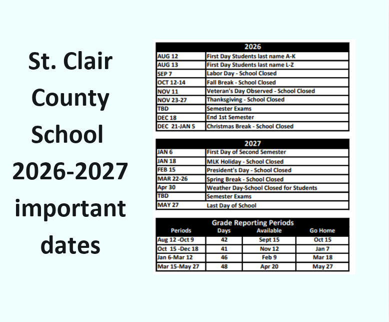 St. Clair County School 2026-2027 important dates calendar.
