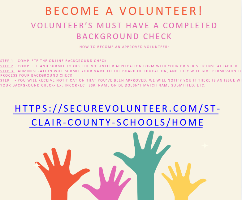 Text announcing "BECOME A VOLUNTEER!" with instructions for background checks.