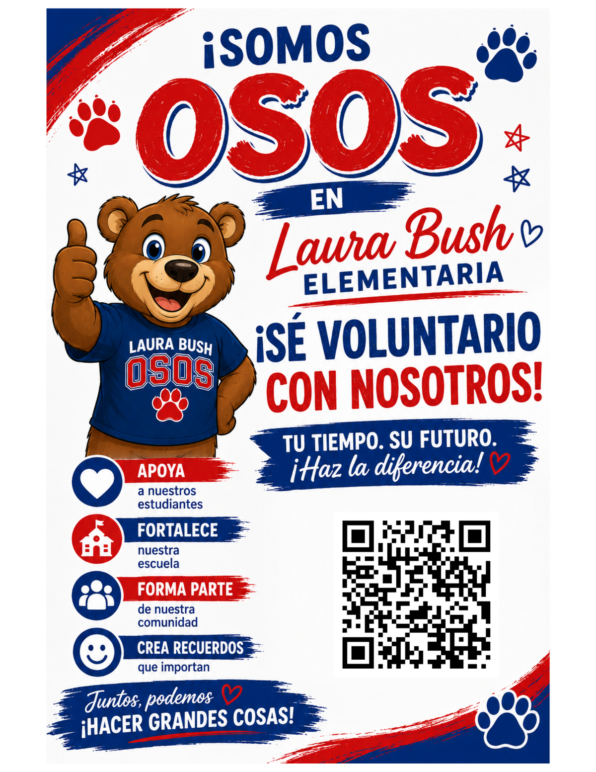A cartoon bear mascot gives a thumbs up, promoting volunteering for Laura Bush Elementary School.