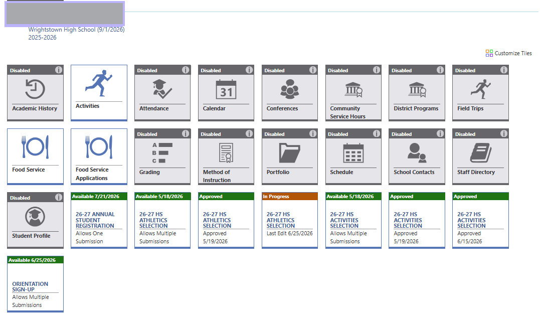 Wrightstown High School dashboard showing various administrative and student-related tiles.