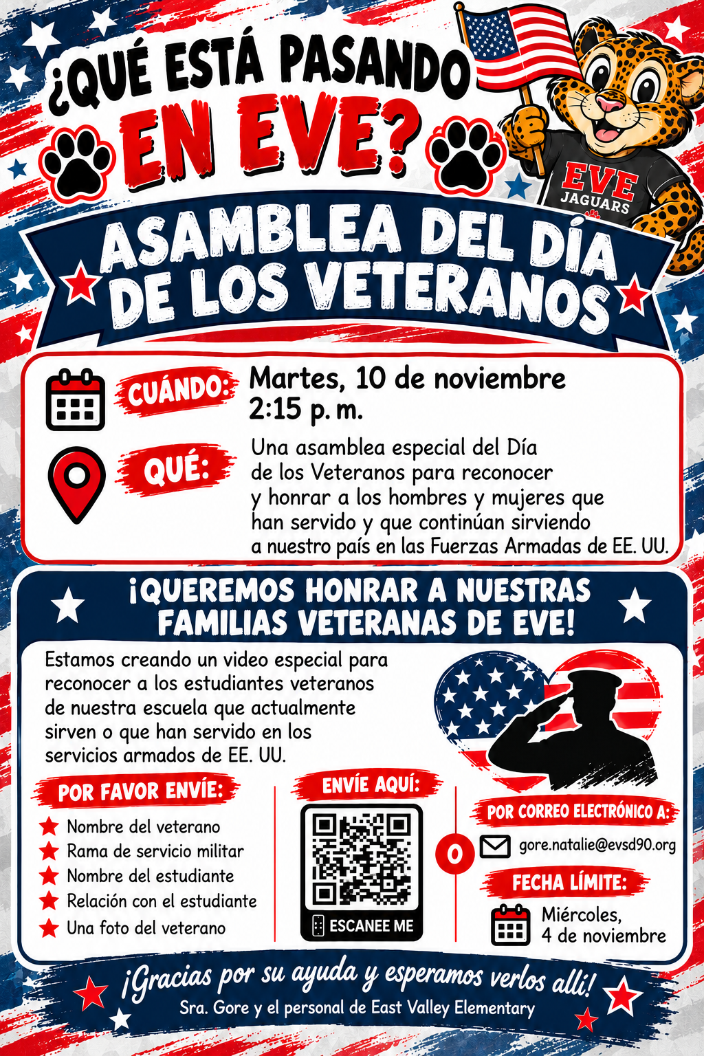 A vibrant flyer in Spanish announces a Veterans Day assembly at an elementary school, featuring a jaguar mascot with an American flag.