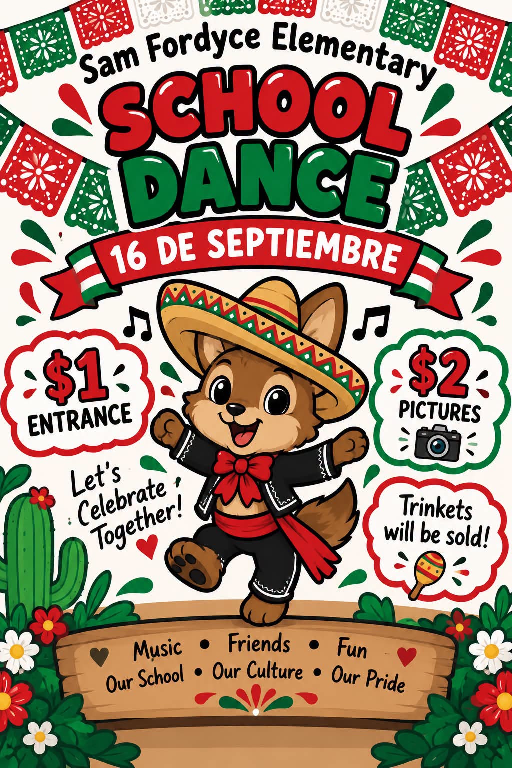 A festive poster for Sam Fordyce Elementary School Dance on 16 De Septiembre, featuring a cute fox mascot in a sombrero.
