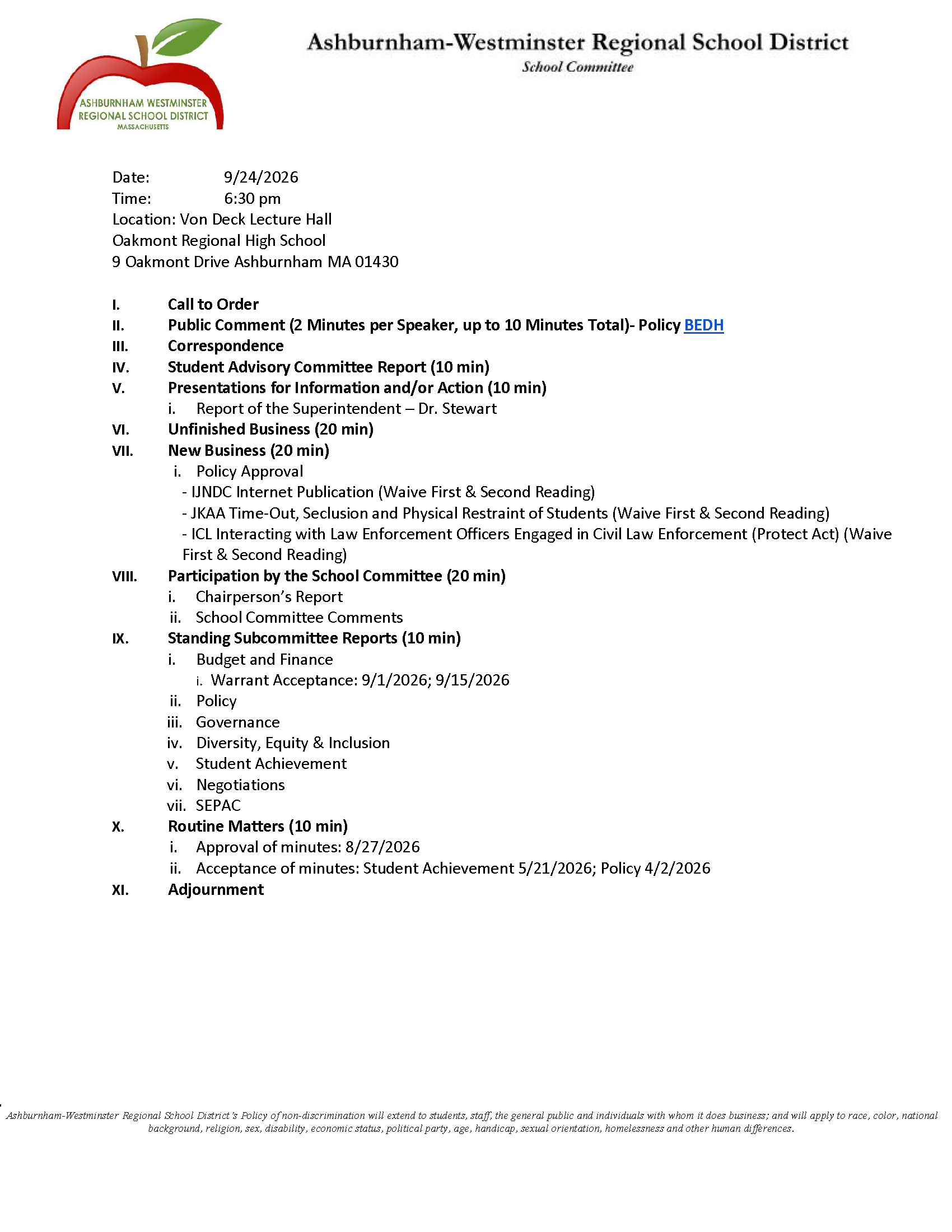 School Committee Meeting 9/22/2026