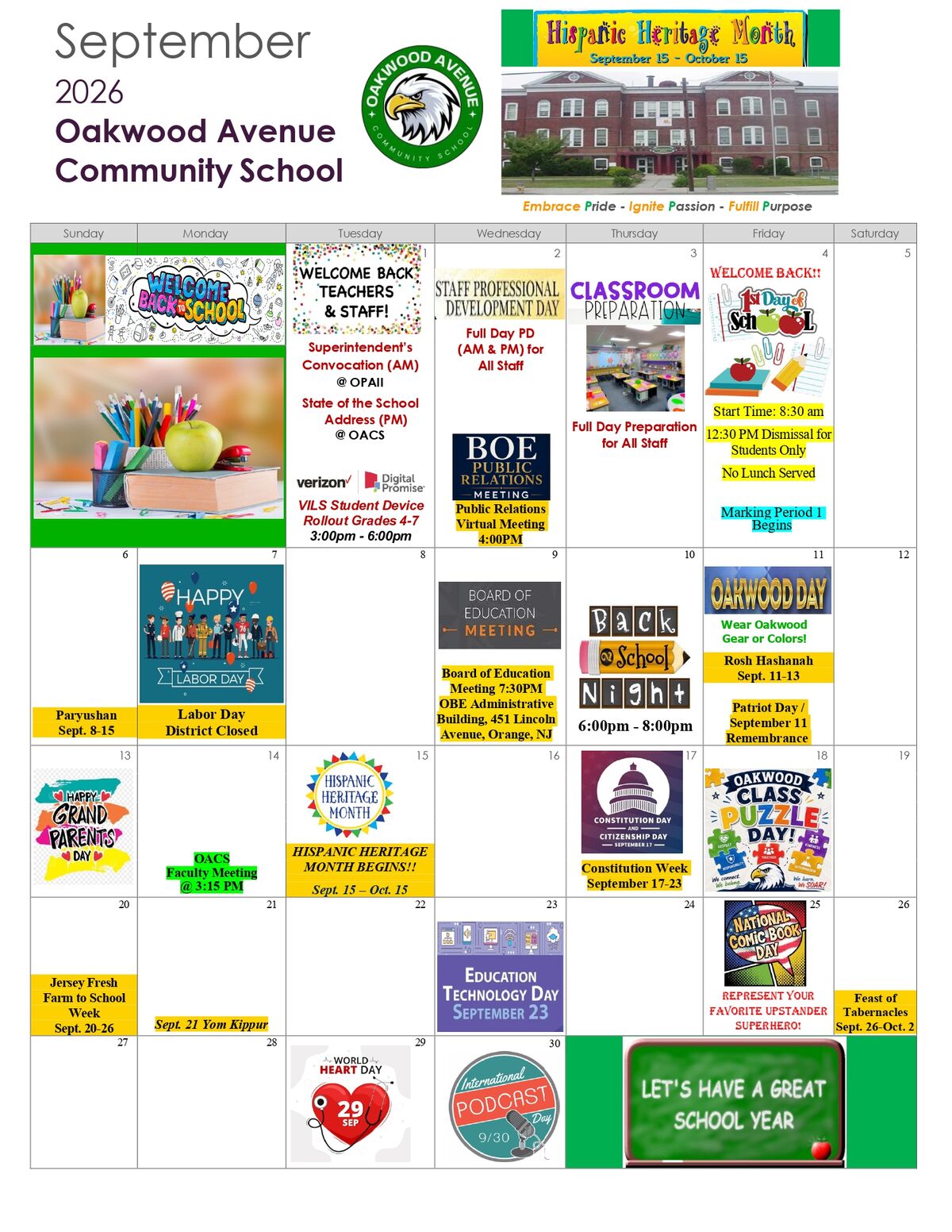 Oakwood Avenue School calendar - September 2026