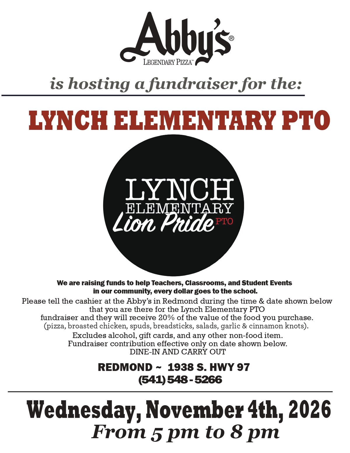 A flyer announces an Abby's Legendary Pizza fundraiser for the Lynch Elementary PTO on Wednesday, November 4th, 2026, from 5 pm to 8 pm.