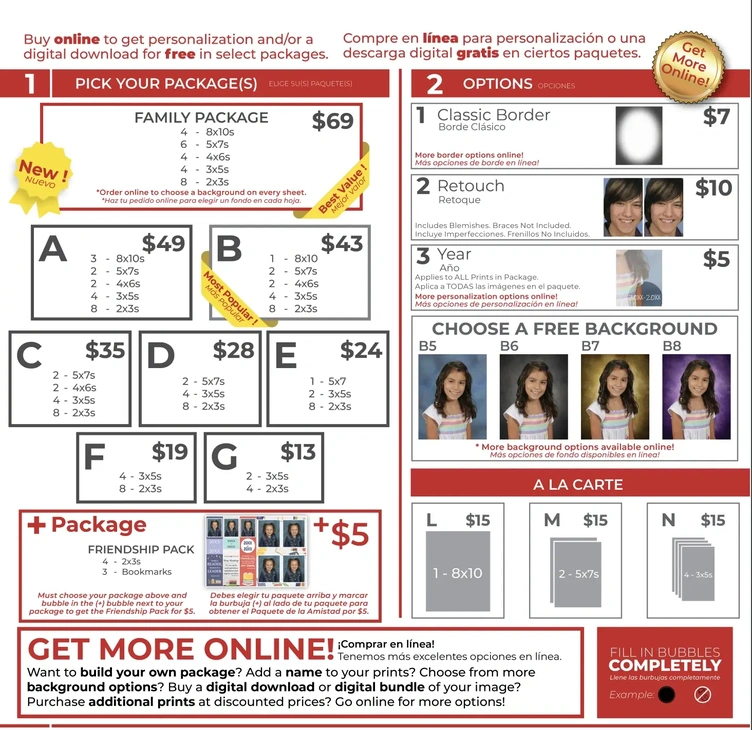A school portrait order form displaying various package options, pricing, and add-ons in English and Spanish.