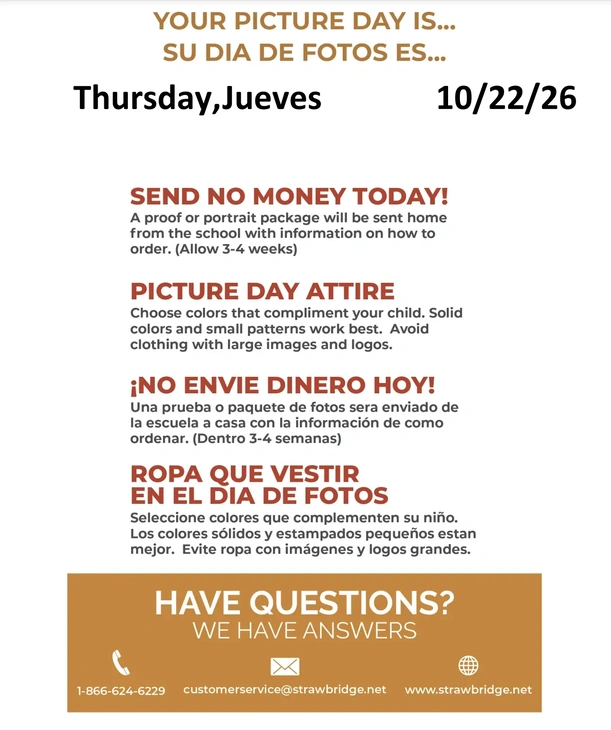 A bilingual flyer in English and Spanish announcing school picture day on Thursday, 10/22/26, with instructions and contact details.