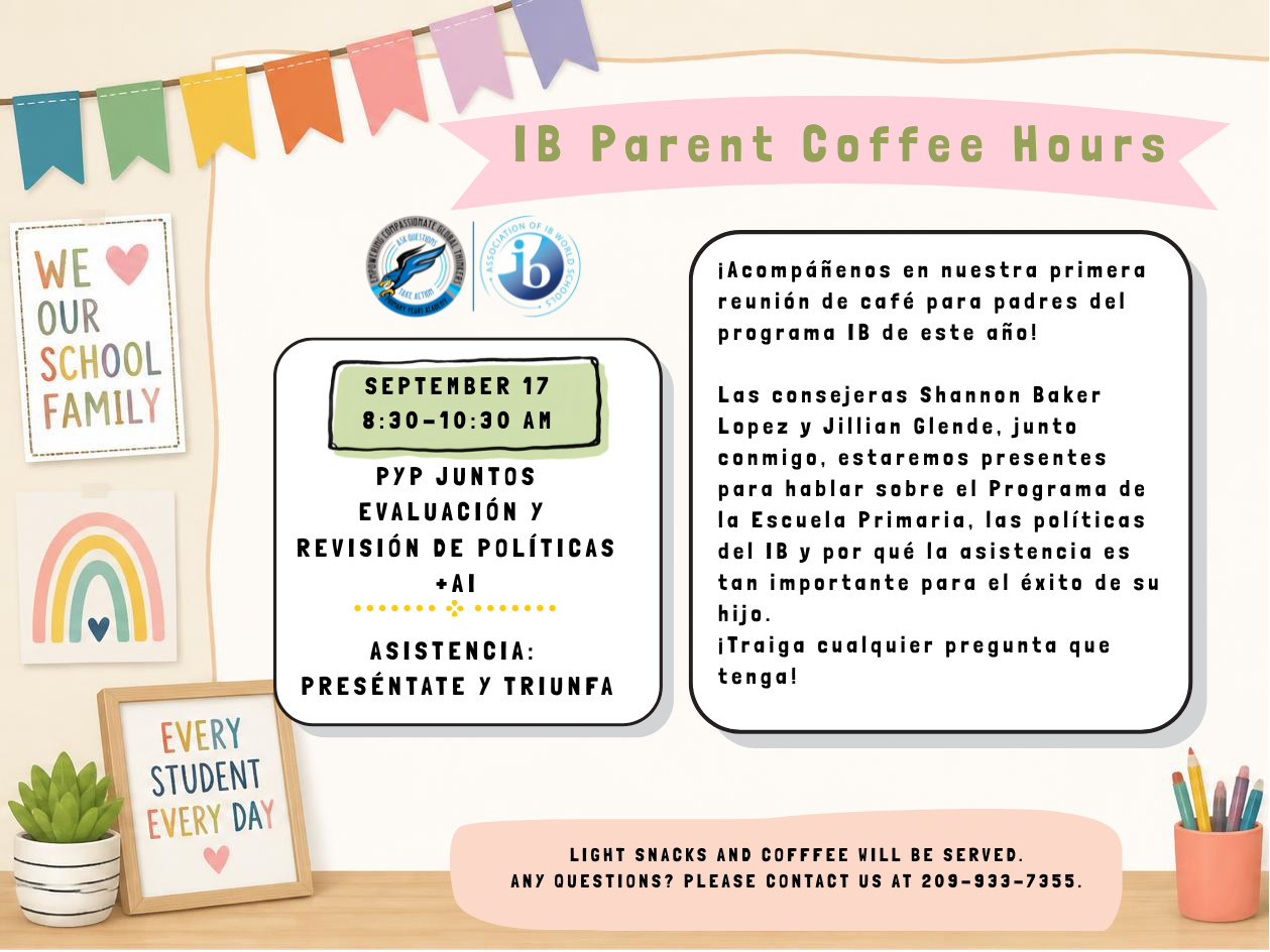 A colorful flyer invites parents to an IB Parent Coffee Hours meeting, featuring event details in Spanish.